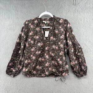 AE 77 Blouse Brown Floral Boho Cottage Prairie Organic Cotton XS NWT